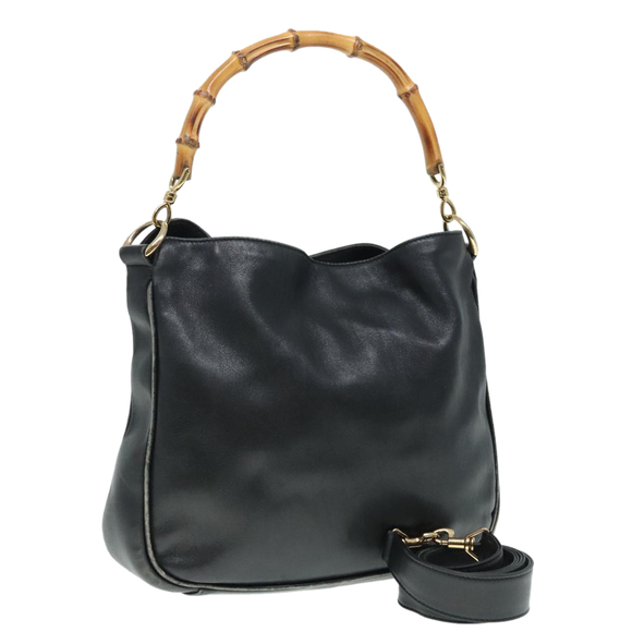 GUCCI Bamboo Hand Bag Leather 2way Black Gold 001 1638 200047 Auth 89630 - Picture 1 of 16